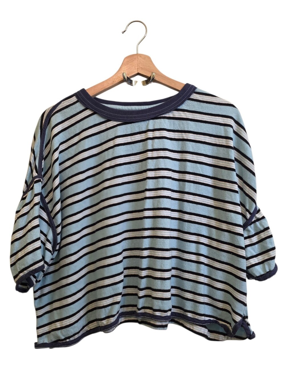 We The Free Clean Rugby Tee by Free People Crystal Blue Combo Sz M 100% Cotton